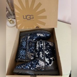 UGG size 7 classic short with blue/silver sequins with original wrapping